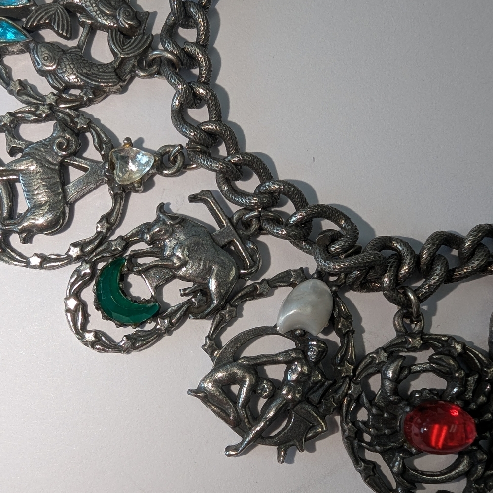 VTG FLORENZA SILVER TONE RHINESTONE ZODIAC CHARM BRACELET HEAVY - Picture 5 of 16
